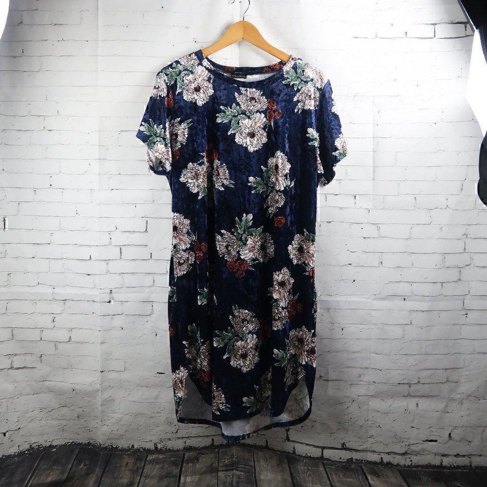 ZENOBIA BLUE VELVET FLORAL SHORT SLEEVE ROUND NECK STRETCH MIDI DRESS SIZE 3XL